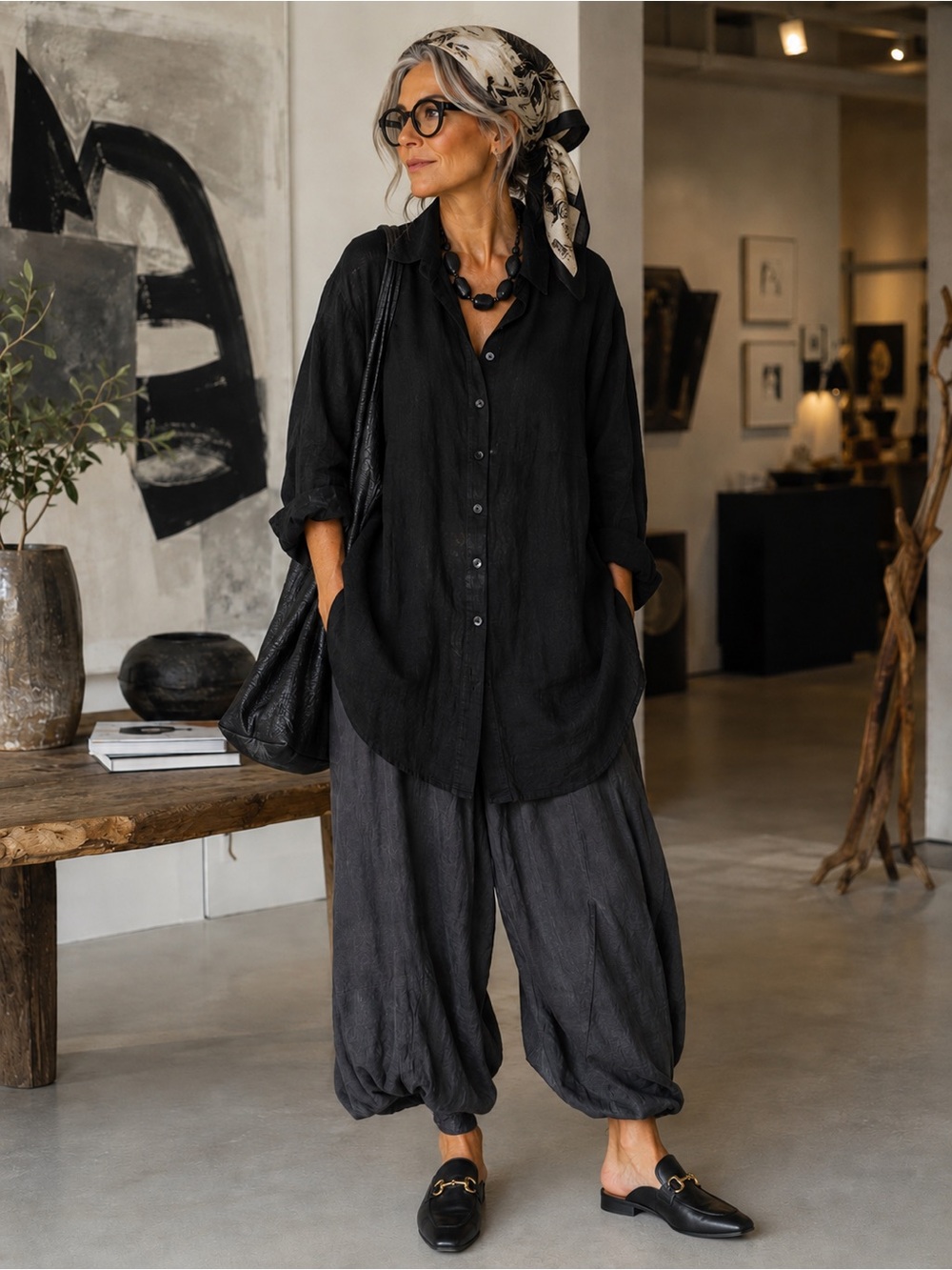 Flax 3X Black Linen Tunic Shirt Lagenlook Minimalist Plus Designer Capsule